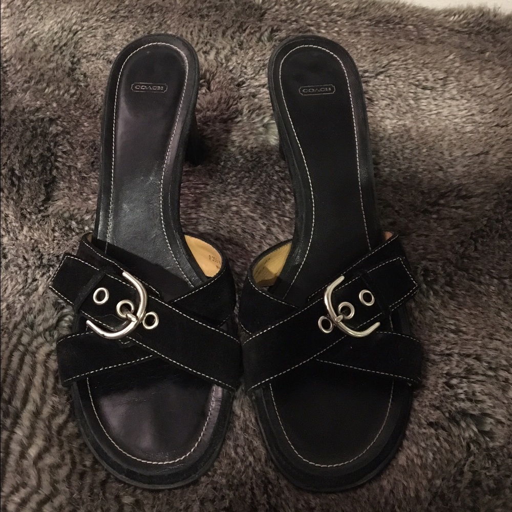 Coach Black Heeled Sandals with Silver Buckle